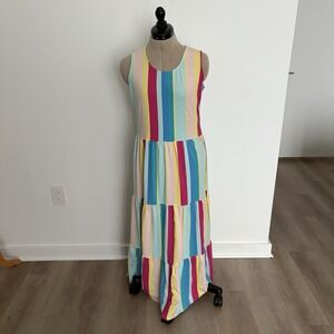Lands Ends Womens Dress Small 6-8 Rainbow Colors Maxi Tiered Sleeveless Stretch